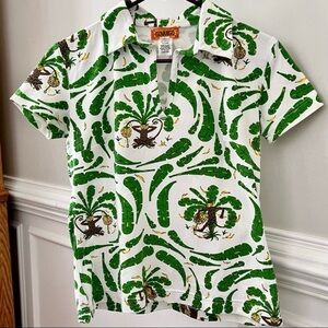 Govango Tropical Green and White Shirt with Palm Print, Monkeys And Bananas.